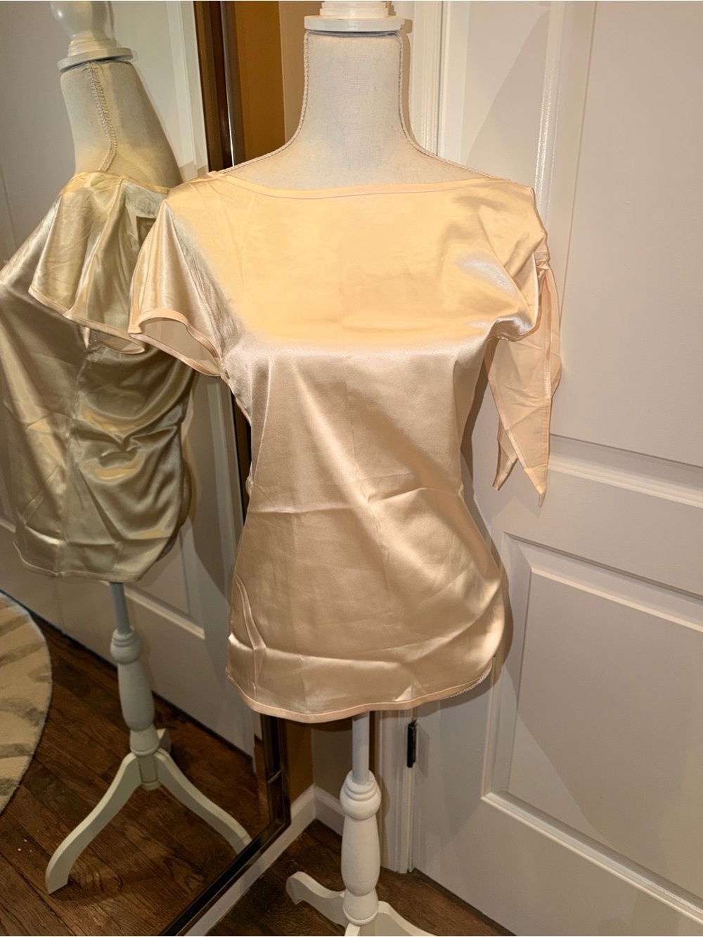 Boatneck Satin Short Sleeve Blouse in Light Champagne